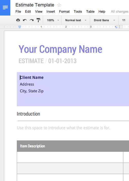 work estimate template free for google docs